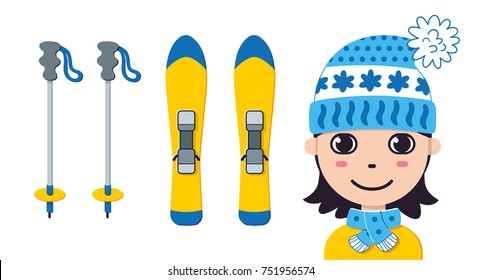 Girl in knitted hat with skis and poles isolated