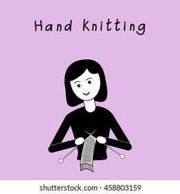 Girl are knitting hand made scarf. Black and white flat design on an lilac background. Vector illustration. It can be used for the avatar, design; printing, label, emblem.