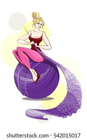 the girl is knitting a scarf on the ball of yarn, vector illustration