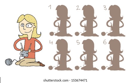 Girl Knitting Shadows Visual Game. Task: find the right shadow image! Answer: No. 4. Illustration is in eps8 vector mode!