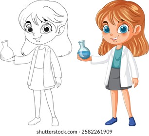 Girl in lab coat with a chemistry flask