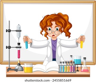 Chica en bata de laboratorio realizando experimentos con líquidos coloridos