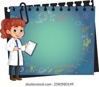 Girl in lab coat with science doodles