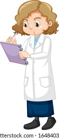 Girl in lab gown writing note on white background illustration