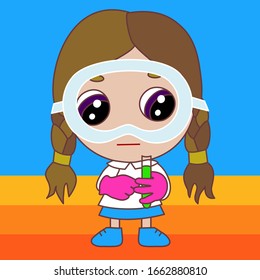 girl lab worker wearing protective glasses or goggles looking at the glass tube in his hand, laboratory assistant holding a flask with chemical reagent, vector emoji in color
