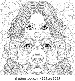 A girl and a labrador dog.Coloring book antistress for children and adults. Illustration isolated on white background. Hand draw