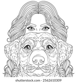 A girl and a labrador dog.Coloring book antistress for children and adults. Illustration isolated on white background. Hand draw