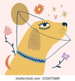 Girl labrador. Vector clipart dog sticker. Dogs breed. EPS and JPG illustration. Funky doodle trendy print, colorful handdrawn childish cartoon art. Groovy fauve abstract collage decor elements in