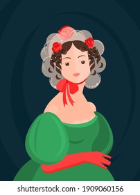 A girl in a lacy 18-19th century hat and a red bow and a green dress. Cute curls on the head. Noble portrait. Colorful vector illustration in flat cartoon style.