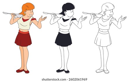 Girl with ladle in kitchen. Funny people. Illustration concept template for website, web landing page, banner, presentation, social, poster, promotion or print media.