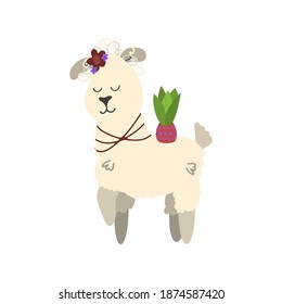 Girl lama with a flower in a dot on her back. Vector children's colorful illustration in cartoon hand drawn style for printing on children's clothes, interior design, packaging, stickers. Isolated