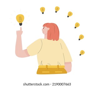 Girl with the lamp points with her finger an idea generator. The concept of imagining creativity. A man is creator experiencing inspiration, inventor. Vector flat illustration advertising, web