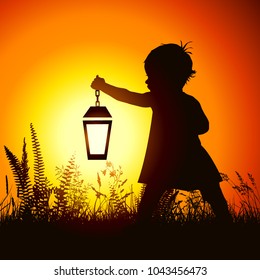 Girl with a lantern in her hands. Vector 
