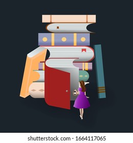 
Chica, una linterna, un montón de libros aislados en un fondo oscuro. Ilustración vectorial de material.
