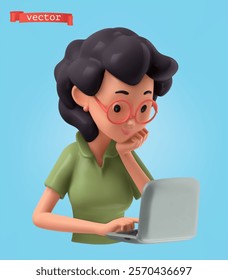 Girl and laptop 3d render vector cartoon icon