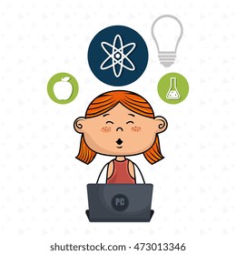 girl with laptop atom idea. vector illustration design