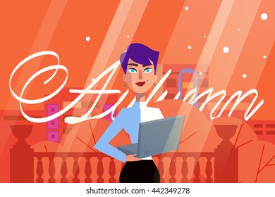 A girl with a laptop autumn, flat design