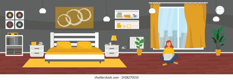 Girl with laptop in bedroom on the floor. Freelance or studying concept. Illustration in flat style. Vector illustration of freelance work. Woman work online, teleworking. 