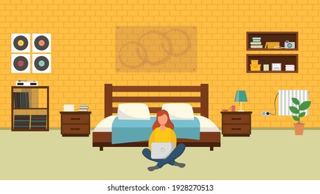 Girl with laptop in bedroom on the floor. Freelance or studying concept. Illustration in flat style. Vector illustration of freelance work. Woman work online, teleworking. 