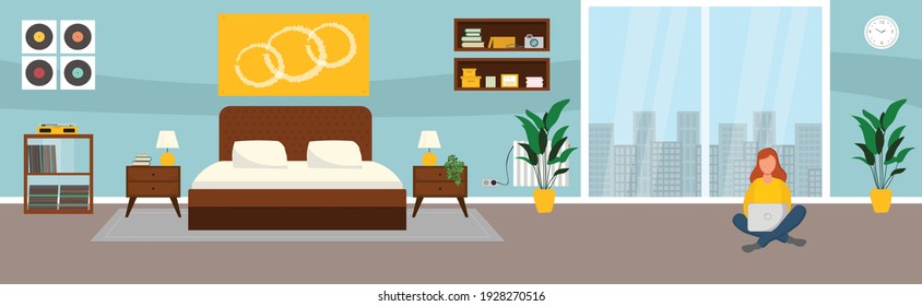 Girl with laptop in bedroom on the floor. Freelance or studying concept. Illustration in flat style. Vector illustration of freelance work. Woman work online, teleworking. 