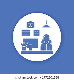 Girl at the laptop black glyph icon. Remote work freelancer. Home leisure. Indoor view of office with elements decor. Vector isolated illustration