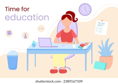 Girl with laptop and books Table with pencil cup Vector illustration for online education in flat style