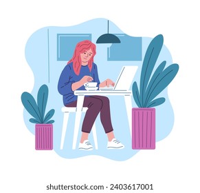 Girl with a laptop in a cafe, vector illustration in simple flat style. Freelance woman sitting at a table in a coffee shop and working on a computer.