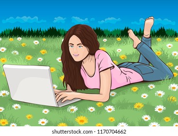 Girl with laptop, cartoon drawing, vector illustration. Brunette woman lies on the stomach on the field with flowers and grass against a background of forest and blue sky and work in portable computer