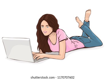 Girl with laptop, cartoon drawing, vector illustration. Beautiful woman with long hair and blue eyes in t-shirt and jeans lies on the stomach and work in portable computer isolated on white background