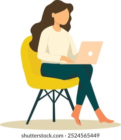 Menina com um laptop na cadeira. conceito de Freelance ou de formação. Ilustração de vetor bonito em estilo plano.