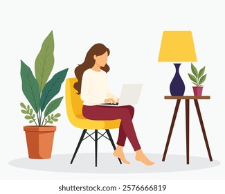 girl with a laptop in a chair, freelance or training concept