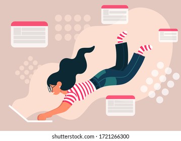 Girl with laptop in a cloud of social networks. Color vector flat cartoon icon. Concept for blogger.