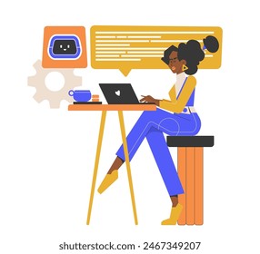 A girl with a laptop communicates with a chat bot on the Internet. Support from artificial intelligence in studying, working, searching and analyzing information. Modern technologies in education. 