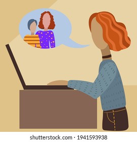 A girl with a laptop communicates over the network. Social distance. Communication and work at home. Vector. Isolated from the background. Flat style.
