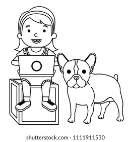 girl with laptop and cute dog