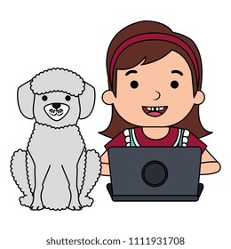 girl with laptop and cute dog