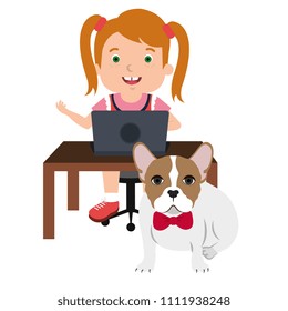 girl with laptop and cute dog