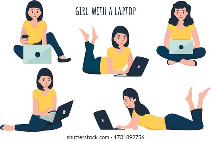 girl with a laptop in different poses. Vector illustration