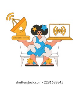 Girl with laptop and dish for internet.connected devices.