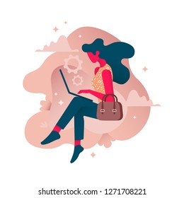 A girl with a laptop is dreaming and working. Vector flat illustration. - Vector