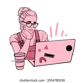 Girl With Laptop And Drink In Glasses Looks At The Screen Vector Drawing