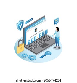 Girl in laptop enters access key, password for authorization, authentication, login to account, website. Protection of data, personal information on Internet with shield,key,padlock in isometric view.