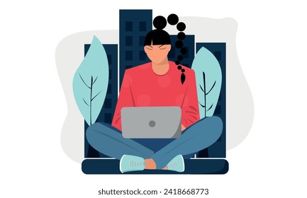 Girl with a Laptop, Flat Illustration, Vector, Isolated, Business Woman, Work Online, Studying, Workplace, Character, Notebook, Freelance, Couch