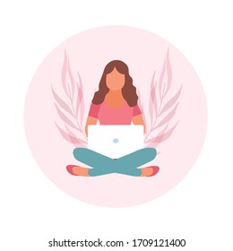 Girl with laptop. Freelance or studying concept. Cute illustration in flat style.
