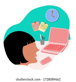 Girl with laptop. Freelance or studying concept. Cute illustration in flat style.
