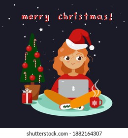 Chica con laptop en casa. Concepto de e-learning, freelance. Navidad. Ilustración vectorial.