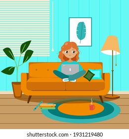 Girl with laptop at home office. Interior living room with sofa, floor lamp. Freelance and distance education concept.  Vector illustration.