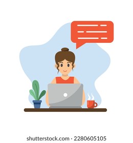 Girl with laptop icon in flat style. Woman freelance working vector illustration on isolated background. Student workplace sign business concept.