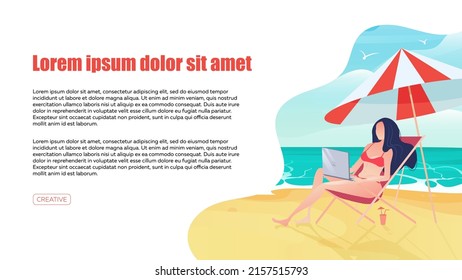 A girl with a laptop lies on a sun lounger on the beach. Layout for banner, site, advertising. Work and travel. Vector illustration.