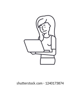 Girl with laptop line icon concept. Girl with laptop vector linear illustration, symbol, sign